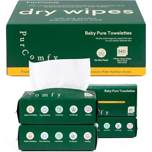 PurComfy Baby Dry Wipes for Newborn, 4 Pack Plant-Based & Hypoallergenic Disposable Cloths for Baby Diaper Changes, Meal Time & Runny Noses, Use Wet or Dry, Total 240 Count