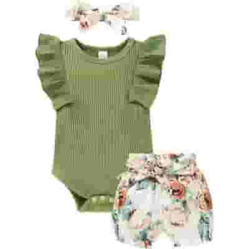 Younger Tree Toddler Baby Girl Summer Short Sleeve Romper Shorts Headband Clothes Outfits Set,Size 0-24 Months