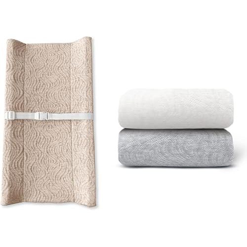 Contoured Changing Pad w/Cover (Oatmilk, Wave) + Replacement Covers - 2 pk (Off White & Gray, Wave)