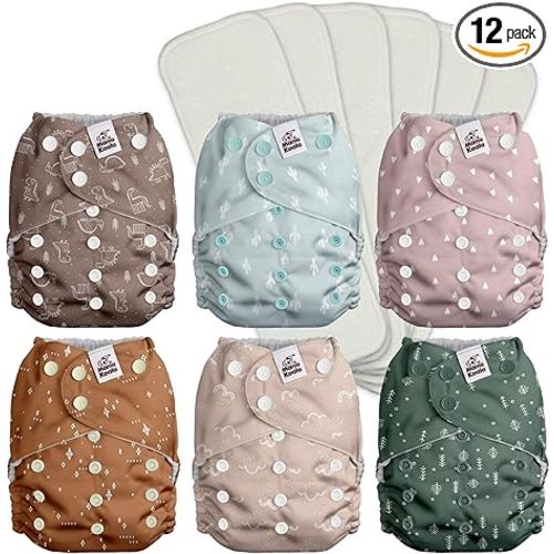 Mama Koala 3.0 Pocket Cloth Diapers for Babies with Suede Cloth Lining, 6 Pack with 6 4-Layer Natural Diaper Inserts - Reusable and Washable Pocket Diapers (Simply Neutral)