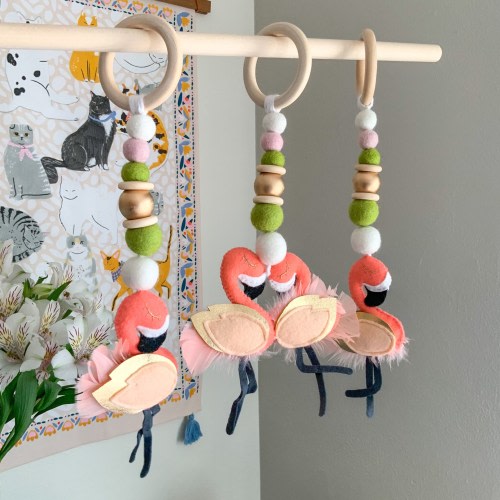 Felt Flamingo Gym Toy with Wool balls, wooden bead and rings | Felt Gym Toy| Baby activity toy | tropical nursery | flamingoes nursery