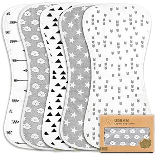 Organic Burp Cloths for Baby Boys and Girls - 5-Pack Ultra Absorbent Burping Cloth, Burp Clothes, Newborn Towel - Milk Spit Up Rags - Burpy Cloth Bib for Unisex, Boy, Girl - Burp Cloths (Grayscape)