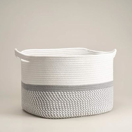 CHICVITA Square Cotton Rope Woven Basket with Handles For Books, Magazines, Toys Decorative Rectangle Basket For Baby Nursery, Living Room, Bathroom 13.5 inch x 11 inch x 9.5 inch, Pack of 1