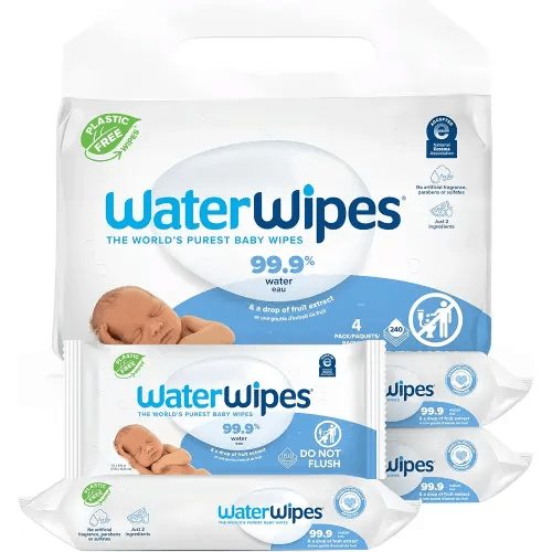 WaterWipes Biodegradable Original Baby Wipes, 99.9% Water Based Wipes, Unscented & Hypoallergenic for Sensitive Skin, 240 Count (4 packs), Packaging May Vary