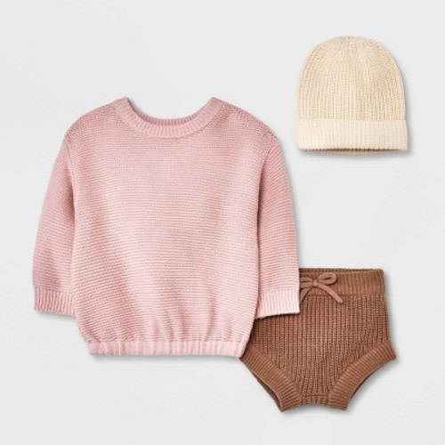 Grayson Collective Baby Girls' Beanie & Sweater Set - Pink/Brown, Size: 0-3M