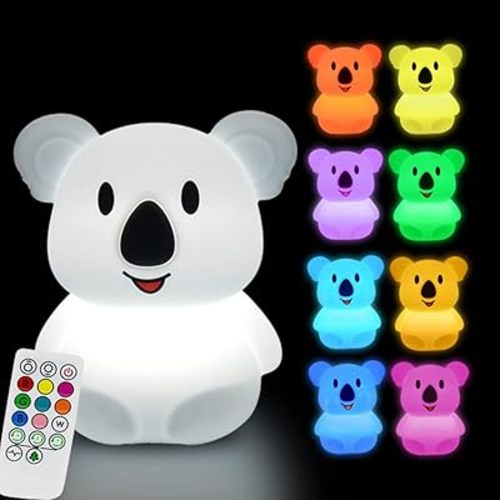 Koala Night Light for Kids Silicone Bedside Bedroom Lighting, Baby Nursery Light Sleeping NightLights, Color Changing Lamps - Eye Caring, Adjustable Brightness & Color, Time Setting - Medium