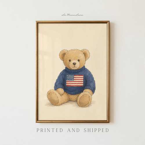 American Flag Bear — Vintage Luxury Nursery Art Print for Boy's Room