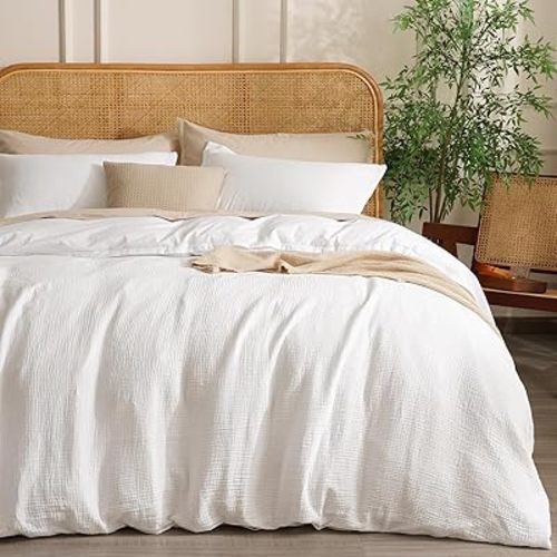 David's Home 100% Cotton Muslin Duvet Cover Set Twin Size,2 Pcs Ultra Soft Breathable & Lightweight Gauze Bedding Set with 1 Pillowcase,Textured Home Decor with Button, 68"×90" White,No Insert