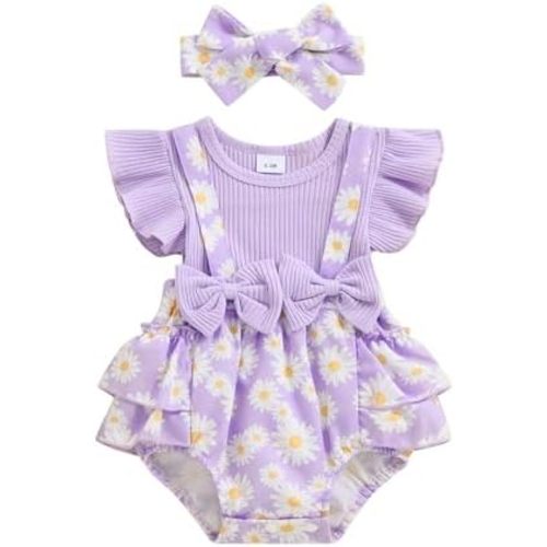 Baby Girl Outfit Floral Daisy Romper Newborn Dress Ruffle Infant Jumpsuit Dresses Cute Summer Clothes and Headband