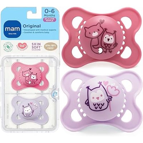 MAM Original Matte Baby Pacifiers 0-6 Months, Binky for Newborn Babies, BPA-Free Skin Soft Silicone Nipple, Easy to Clean, Developed with Medical Experts, 2 Count, With Sterilizer Case, Made in Europe