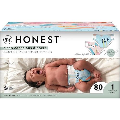 The Honest Company Clean Conscious Diapers | Plant-Based, Sustainable | Summer '23 Limited Edition Prints | Club Box, Size 1 (8-14 lbs), 80 Count