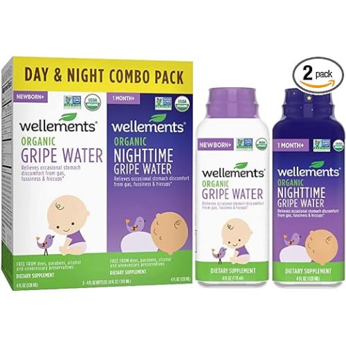 Wellements Organic Baby Gripe Water Day & Night Combo Pack | Relief for Occasional Upset Bellies from Baby Gas, Colic, Hiccups & Fussiness, Gentle*, USDA Certified Organic | Pack of 2, 4 Fl Oz