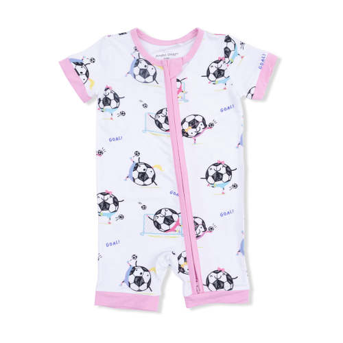 Shortie 2-Way Zip Romper, Soccer Balls Playing Soccer Pink