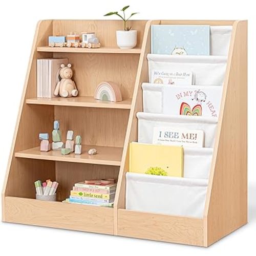 Comfy Cubs Kids Bookshelf 35.2 x 15.7 x 31.5 Inches - Sturdy Plywood Montessori Book Shelf with Soft & Hard Shelves for Toys & Books - Child-Friendly, Easy Access Storage Organizer for Kids - Wood