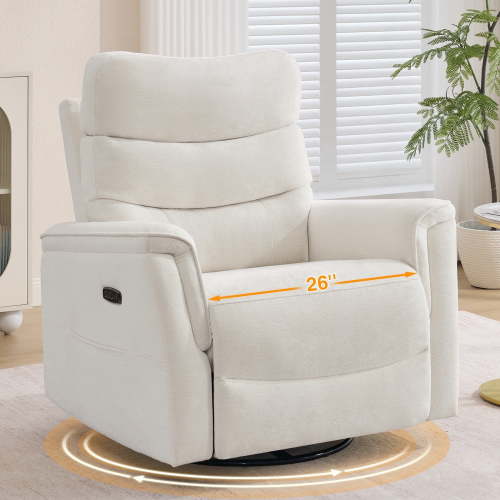 BaseBeauty 26" Rocker Recliner, Swivel Electric Recliners with Adjustable Headrest, Swivel Glider Recliner with Overstuffed Armrest, White