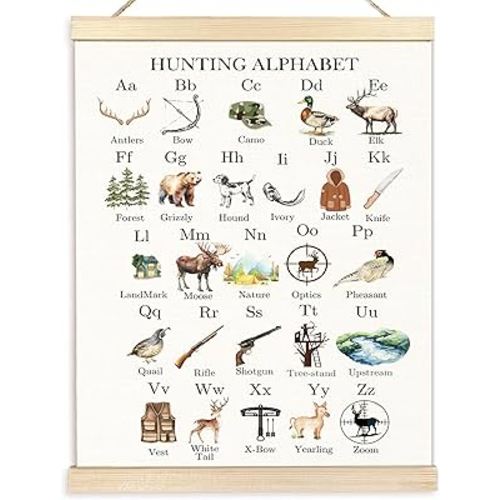 BESERH Hunting Alphabet Nursery Wall Art Posters, Kids Room Wall Decor, ABC Hunting Alphabet Educational Canvas Prints Artwork Framed for Toddler Kids Bedroom Nursery Classroom, 12x16 Inch