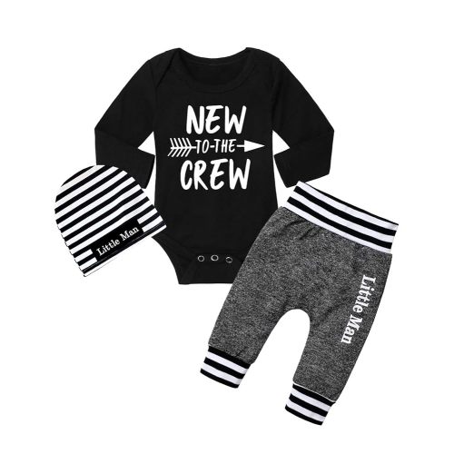 Fommy Newborn Baby Boy Clothes New to The Crew Letter Print Romper+ Pants+Hat 3PCS Outfit