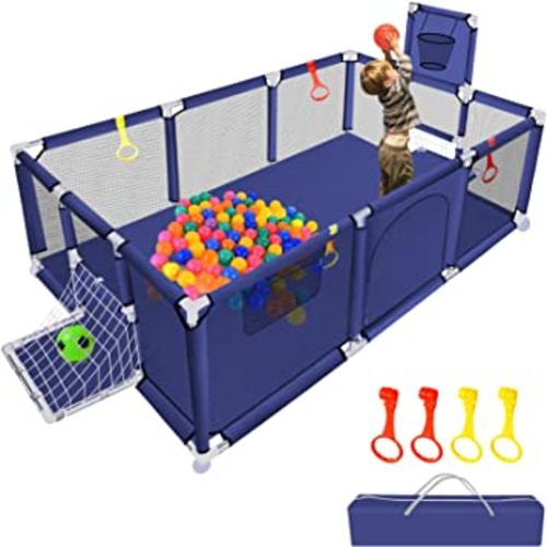 Large Playpen for Babies and Toddlers - Sturdy Play Yard, Ball Pit W/Basketball Hoop, Children's Fence Play Area, Indoor Outdoor Kids Activity Center, Infant Safety Gates (Blue)
