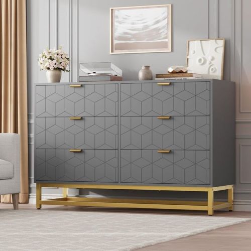 6 Drawer Dresser with Metal Legs, Wood Dressers Chest Organizer with Wide Storage, Modern Chest of Drawers for Bedroom, Living Room, Hallway, Grey