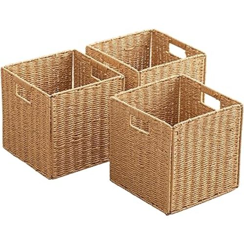 Foldable Storage Baskets with Handles Paper Rope Storage Baskets Rectangle Collapsible Hand Woven Storage Cubes Bins for Organizing Shelves Living Room Bedroom Pantry (3, 11'' x 11'' x 11'')