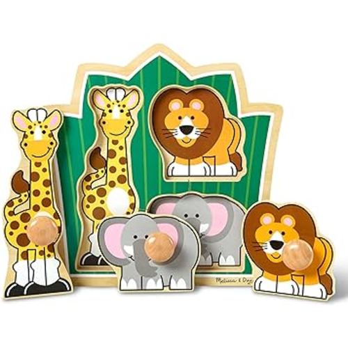 Melissa & Doug Jungle Friends Safari Animals Jumbo Knob Wooden Puzzle - Wooden Peg Chunky Baby Puzzle, Preschool Learning Puzzle, Wooden Puzzle Board For Toddlers Ages 1+