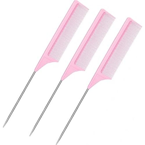 3 Packs 9 Inch Rat Tail Comb Carbon Fiber Heat Resistant Teasing Comb with Metal Pick Styling Parting Lightweight Sectioning Fine Tooth Combs for Women Girls