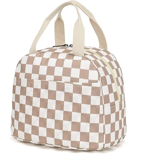 Lunch Bag for Girls Women, Insulated Leakproof Lunch Box Container Reusable Cooler Lunch Tote Bag for Teens Kids Adults School Travel Picnic (Checkered Brown)