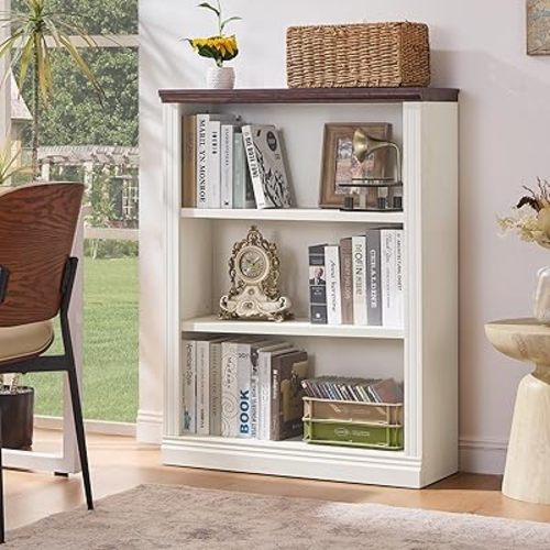 43" White Tall Bookshelf,3-Tier Thick Wooden Book Shelf with Adjustable Shelves,Free Standing Farmhouse Bookcase with Open Display Storage,Floor Vintage Bookshelves for Living Room,Office