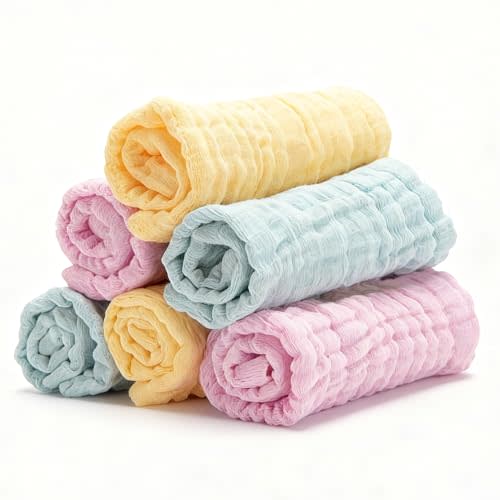 Bear Rocket Organic Muslin Baby Washcloths 6 Pack Baby Bath Face Towel 12x12 Inch Extra Absorbent and Soft Burp Cloth and Wash Cloths for Newborn-Infants On Sensitive Skin (Yellow Green Pink)