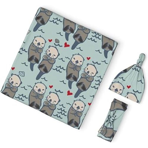 Cute Lovely Otters in The Sea Newborn Swaddle Blanket Set with Headband and Beanie Hat Baby Receiving Nursery Blankets with Bow Sets for Baby Shower Photograph