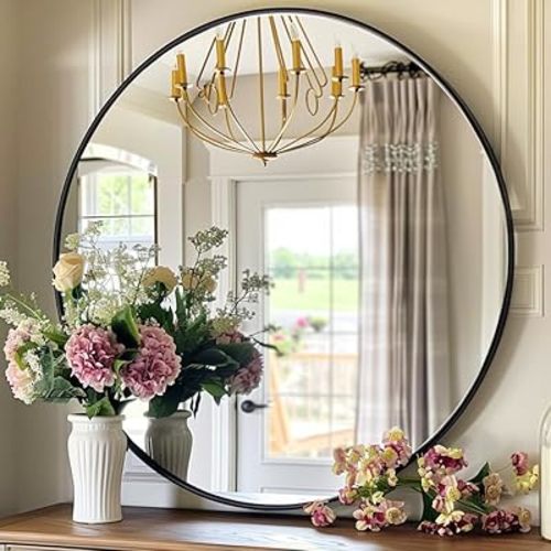 Round Mirror 24 inch, Black Circle Mirror, Black Round Bathroom Mirrors, Circle Wall Mirrors for Bathroom, Living Room, Hallway, Vanity, Over Sink, Mantel