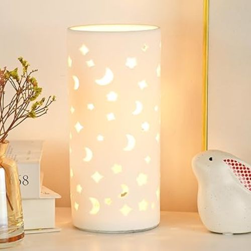 Lampwell Dana White Modern Ceramic Moon Carving Table Lamp for Living Room & Bedroom,Kids Night Ceramic Table Lamp,Φ3.54×H7.87IN,Bulb Excluded