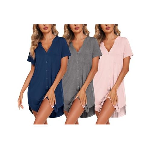 Ekouaer 3 Pcak Nightgowns Women Button Down Sleep Shirts V Neck Night Shirts Night Gowns