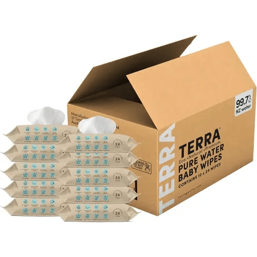 Terra Bamboo Baby Wipes: Pure Water Wipes, 99.7% Pure New Zealand Water, 100% Biodegradable Bamboo Fiber, 0% Plastic, Unscented Baby Wipes for Sensitive Skin, 10 Pack of 24 Wipes