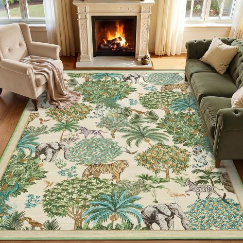 Garvee Jungle Animal Print Rug 5x7 Washable Area Rugs for Living Room Forest Rug Non Slip Low Pile Stain Resistance Large Throw Carpet for Bedroom Dining Room kids Playroom Nursery Beige