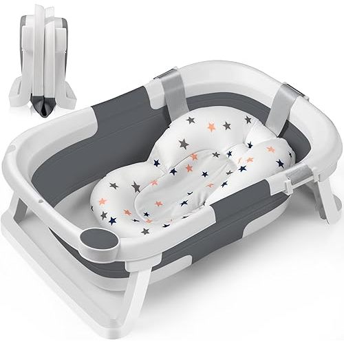 DEANIC Collapsible Baby Bathtub for Newborns, Portable Infant Bathtub with Soft Bath Cushion Support for 0-24 Months, Toddler Bath Tub with stand Indoor Travel (Grey)