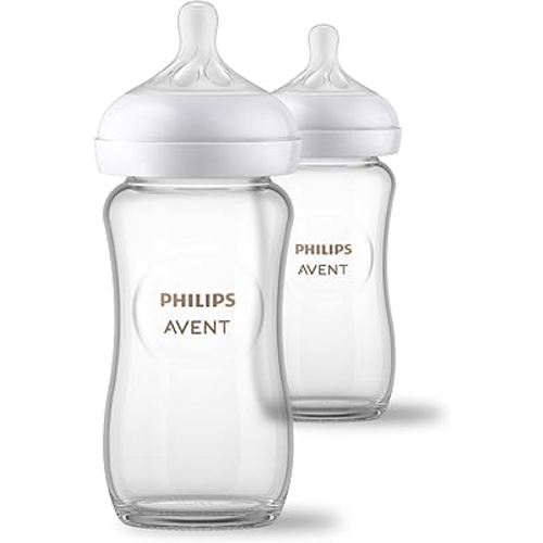 Philips Avent Natural Glass Baby Bottles with Natural Response Nipples (Medium Flow, Flow 3), 8oz, 2-Pack, SCY913/02