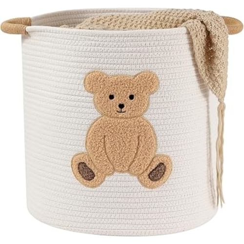 Large Blanket Baskets for Living Room Decor, Toy Storage Baskets Woven Cotton Rope Teddy Storage Basket for Kids, Dog Toys Organizer Clothes Hamper with Embroidery Decor for Nursery (Large, Bear)