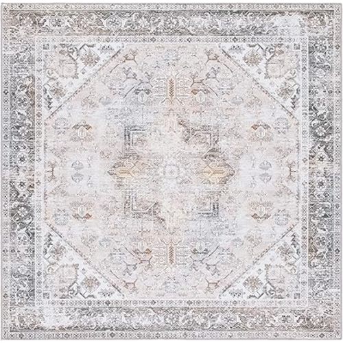 SAFAVIEH Washable Rug Tucson Collection - 6' Square, Beige & Grey, Slip Resistant, Ideal for High Traffic Areas in Living Room, Bedroom, Home Office, Dining Space (TSN102B-6SQ)