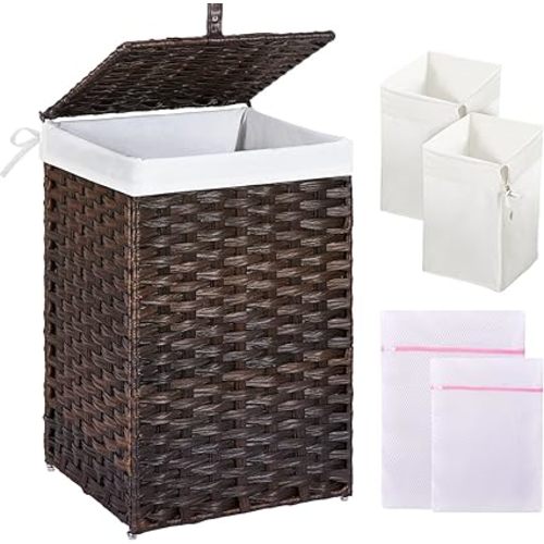 Greenstell Laundry Hamper with Lid, 60L Clothes Hamper with 2 Removable Liner Bags & 2 Mesh Laundry Bags, Handwoven Synthetic Rattan Laundry Basket for Clothes, Toys in Bathroom, Bedroom Brown - 60L (13.4 x 13.4 x 21.7 inches)