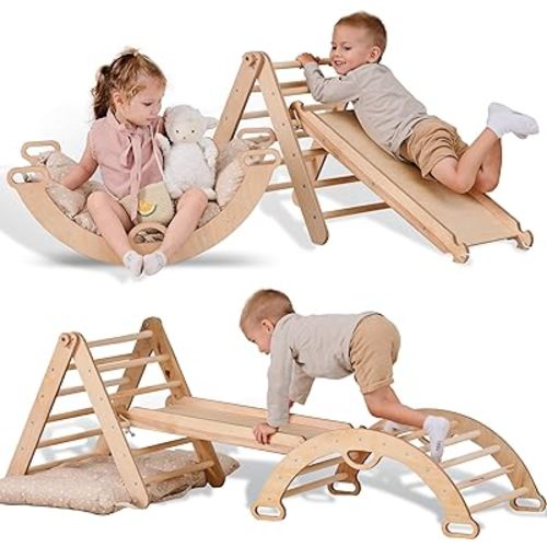 5-in-1 Indoor Climbing Frame for Toddlers -Triangle Ladder, Climbing Arch, Slide, Rope and Cushion, Montessori Climbing Frame, Kids Wooden Gym, Foldable Climbing Toys for Kids 1-3 Age
