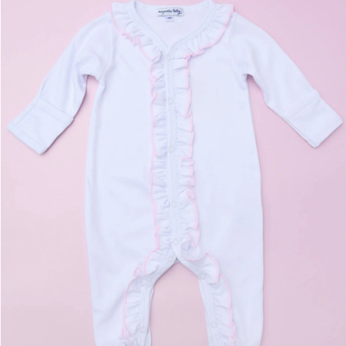 Essentials White Footie with Pink Trim Ruffle