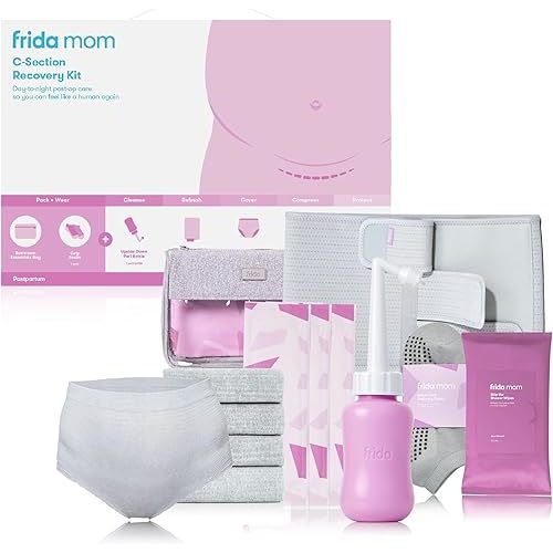 Frida Mom C-Section Recovery Must Have Kit for Labor, Delivery, & Postpartum, Socks, Peri Bottle, Disposable Underwear, Abdominal Support Binder, Shower Wipes, Silicone Scar Patches, & Toiletry Bag