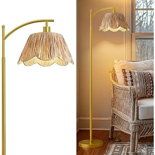 Oneach Arc Floor Lamp for Living Room,Rattan Boho Floor Lamp with Hand-Woven Wicker Shade, Foot Switch,Gold Metal Base & Pole,Farmhouse Standing Lamp for Bedroom Corner,Reading
