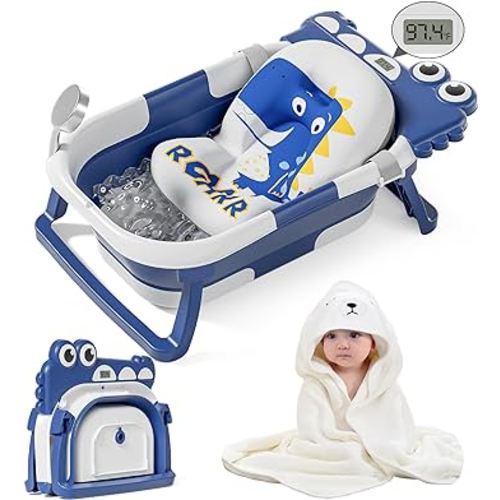 MoreFeel Collapsible Baby Bathtub for Newborn with Thermometer & 1 Hooded Towel & 1 Soft Floating Cushion,Portable Travel Bathtub with Drain Hole, Durable Foldable Baby Tubs for Infants to Toddler