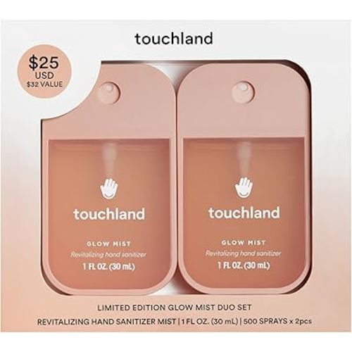 Touchland Limited Edition Glow Mist Duo Set, Revitalizing Hand Sanitizer Spray, Rosewater scented, 1FL. OZ. Travel Size (Set of 2)