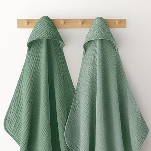 Looxii Baby Bath Towels 2 Pack Muslin Hooded Baby Towels for Newborn and Infants, 100% Cotton, Large 32x32Inch, Soft and Absorbent Gradient Green