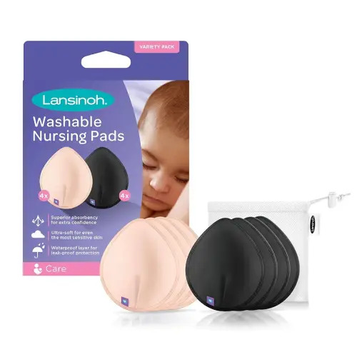 Lansinoh Reusable Nursing Pads, 8 Count (Pink & Black), Soft & Absorbent with Mesh Wash Bag, Eco-Friendly Breastfeeding Pads for Moms