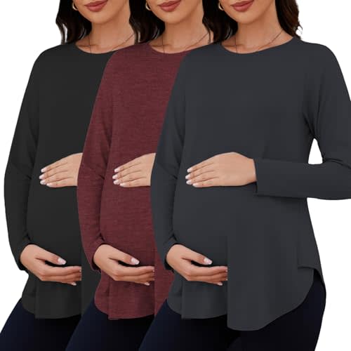 Liu & Qu 3 Packs Womens Maternity Shirts Split Side Long Sleeve Pregnancy Tops Loose Fit Casual Maternity Clothes