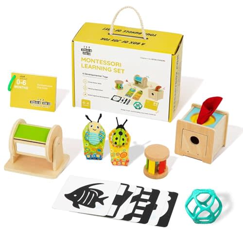 Montessori Toys for Babies 0-6 Months - 6-in-1 Educational Sensory Development Kit with Rolling Bell, Magic Tissue Box, Spinning Drum & More